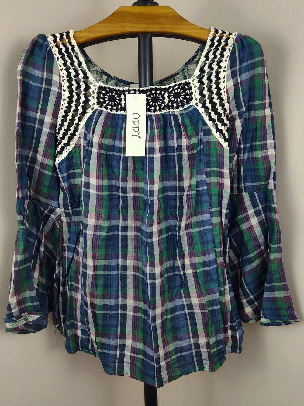 ODDI Blue and Green Plaid Crochet-Yoke Peasant Top